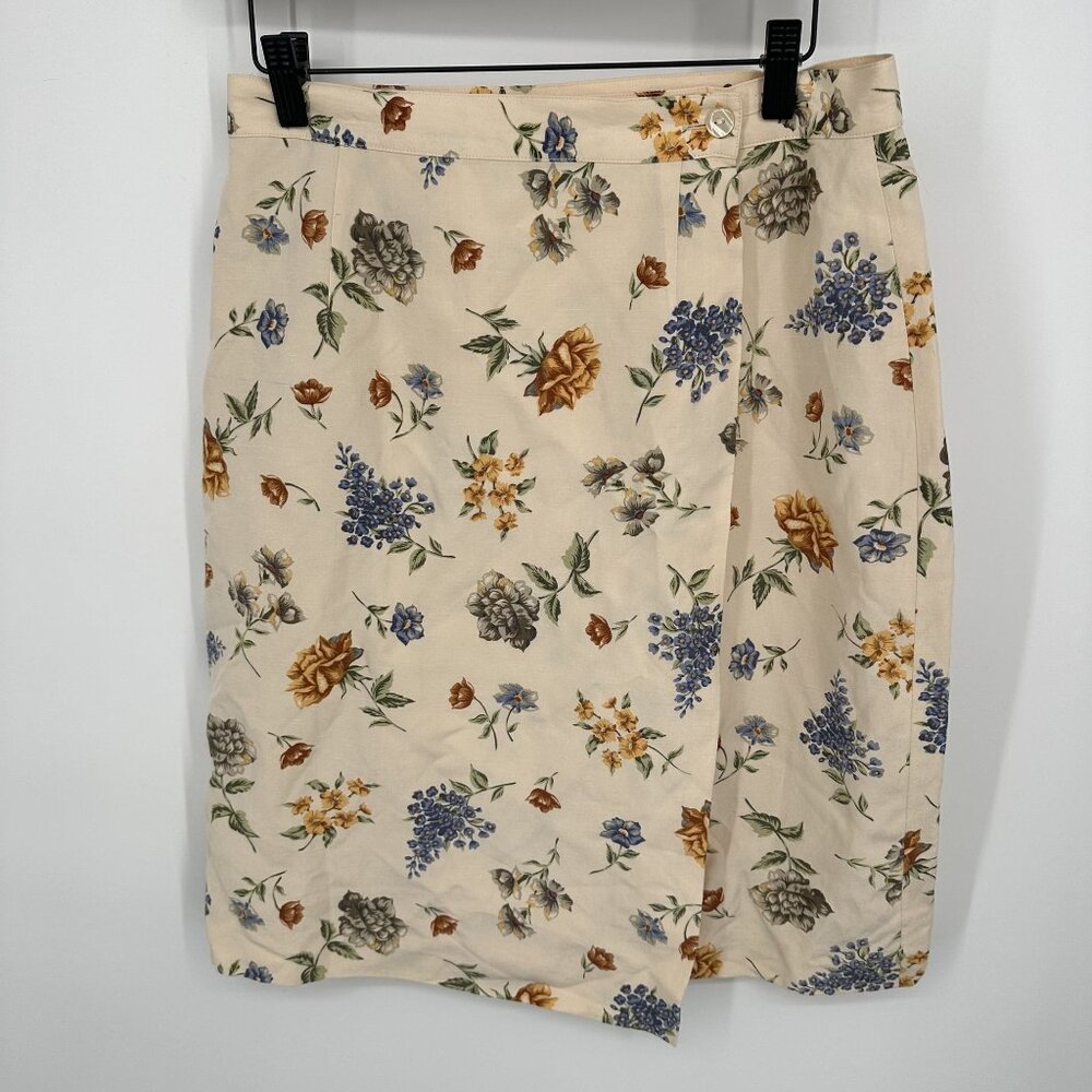 Talbots Vintage 90's Womens Skirt Silk Linen Blend Cottagecore Floral Print Size